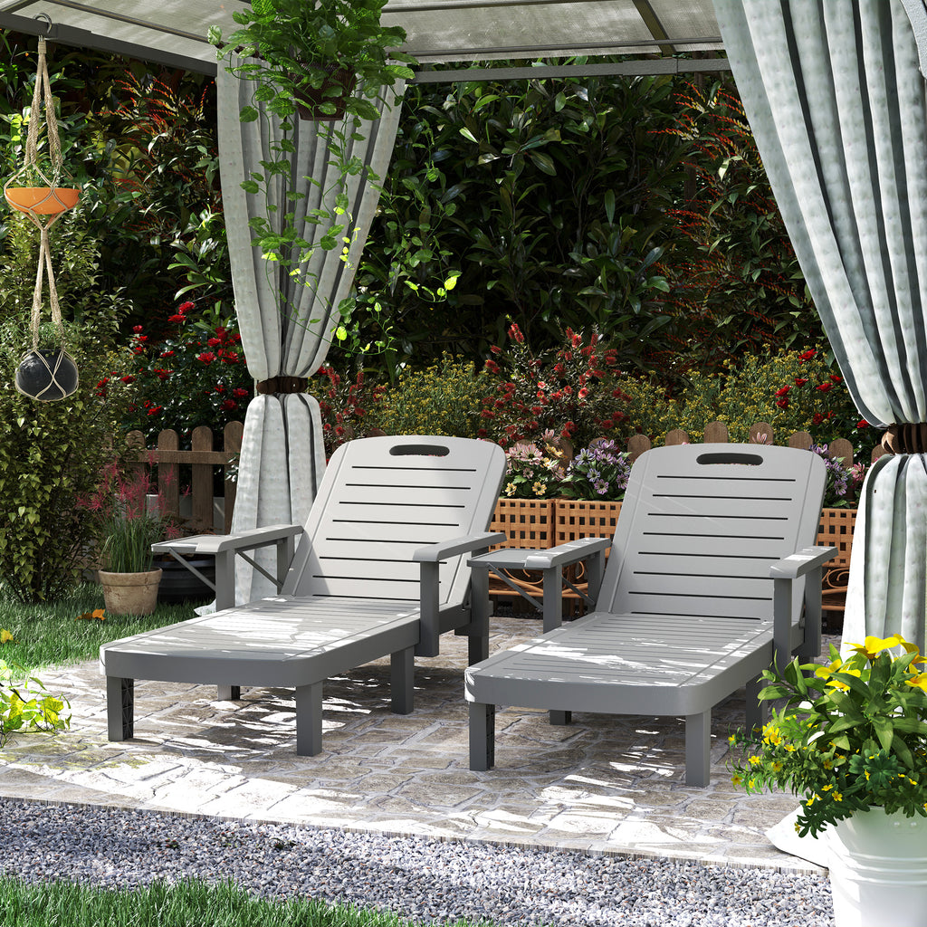 Set of 2 Reclining Sun Loungers, 5 Positions Adjustable Outdoor Chaise Lounge Chair with Armrests, Dark Grey