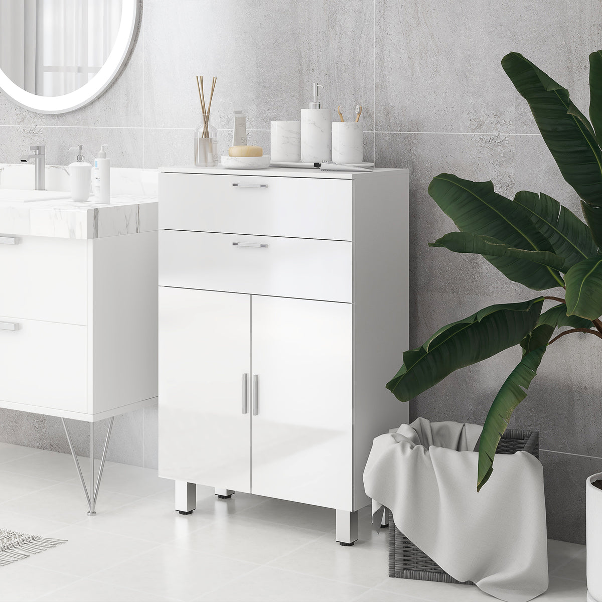 Badezimmerschrank, Badkommode, 2 Schubladen, verstellbares Regal, Holz, Weiß