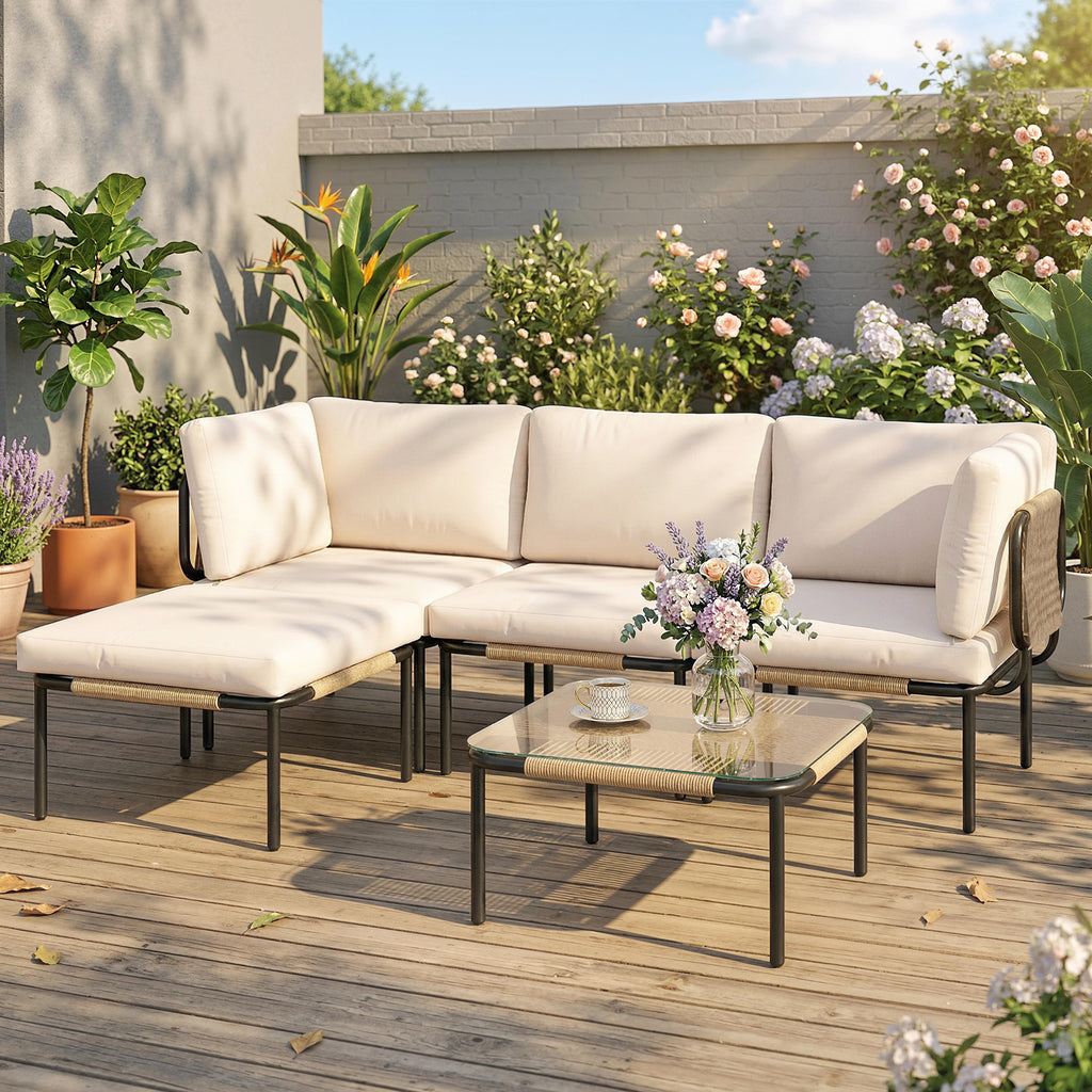 Polyrattan Gartenmöbel Set 5-teilig Lounge Set mit 3 Sessel Glastisch Hocker Breit & Tief Sitz abnehmbar Kissen