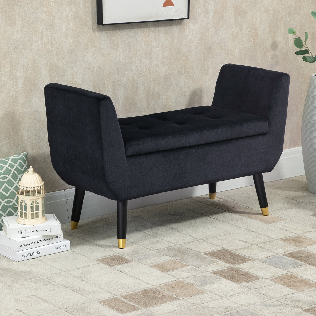 Sitzbank mit Stauraum Armlehnen Polsterbank mit Samtoptik, Sitztruhe mit Holzbeine, Truhenbank für Wohnzimmer Schlafzimmer Flur 107 x 42 x 65 cm, Schwarz