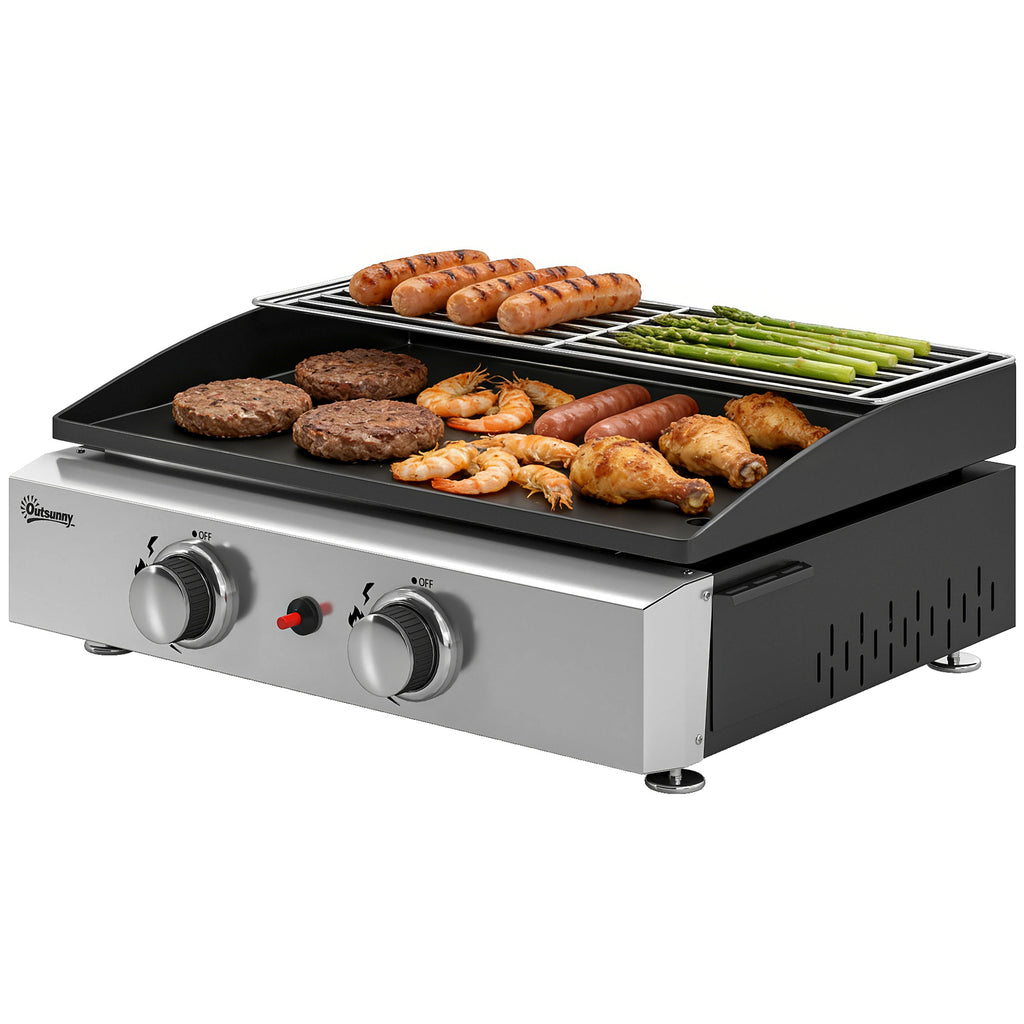 Gasgrill 5 KW Tragbarer Tischgrill mit 2 Brenner Keramische Lackbeschichtung Grillrost Warmhalterost