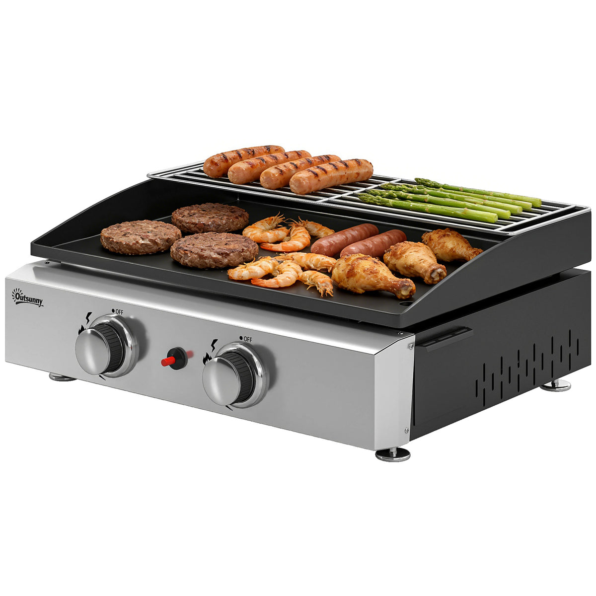 Gasgrill 5 KW Tragbarer Tischgrill mit 2 Brenner Keramische Lackbeschichtung Grillrost Warmhalterost