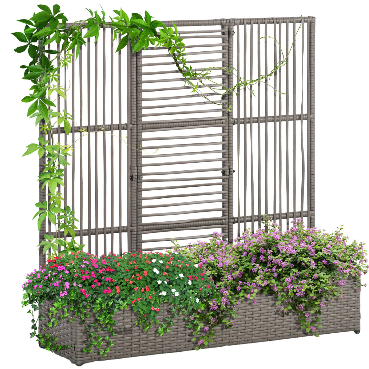 Blumenkasten mit Spalier, wetterfest, Polyrattan, 103 x 29 x 103 cm, Grau
