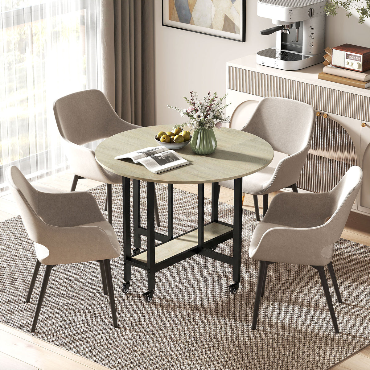 Klapptisch, Tisch mit Klappfunktion und offener Ablage, Rollbarer Küchentisch für Esszimmer, kleine Räume, Natur