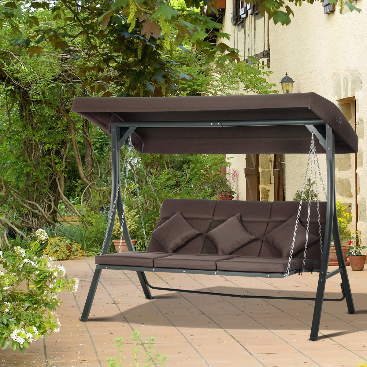Hollywoodschaukel, für 3 Personen, verstellbares Sonnendach, bis 270 kg, braun, 198 x 118 x 168 cm