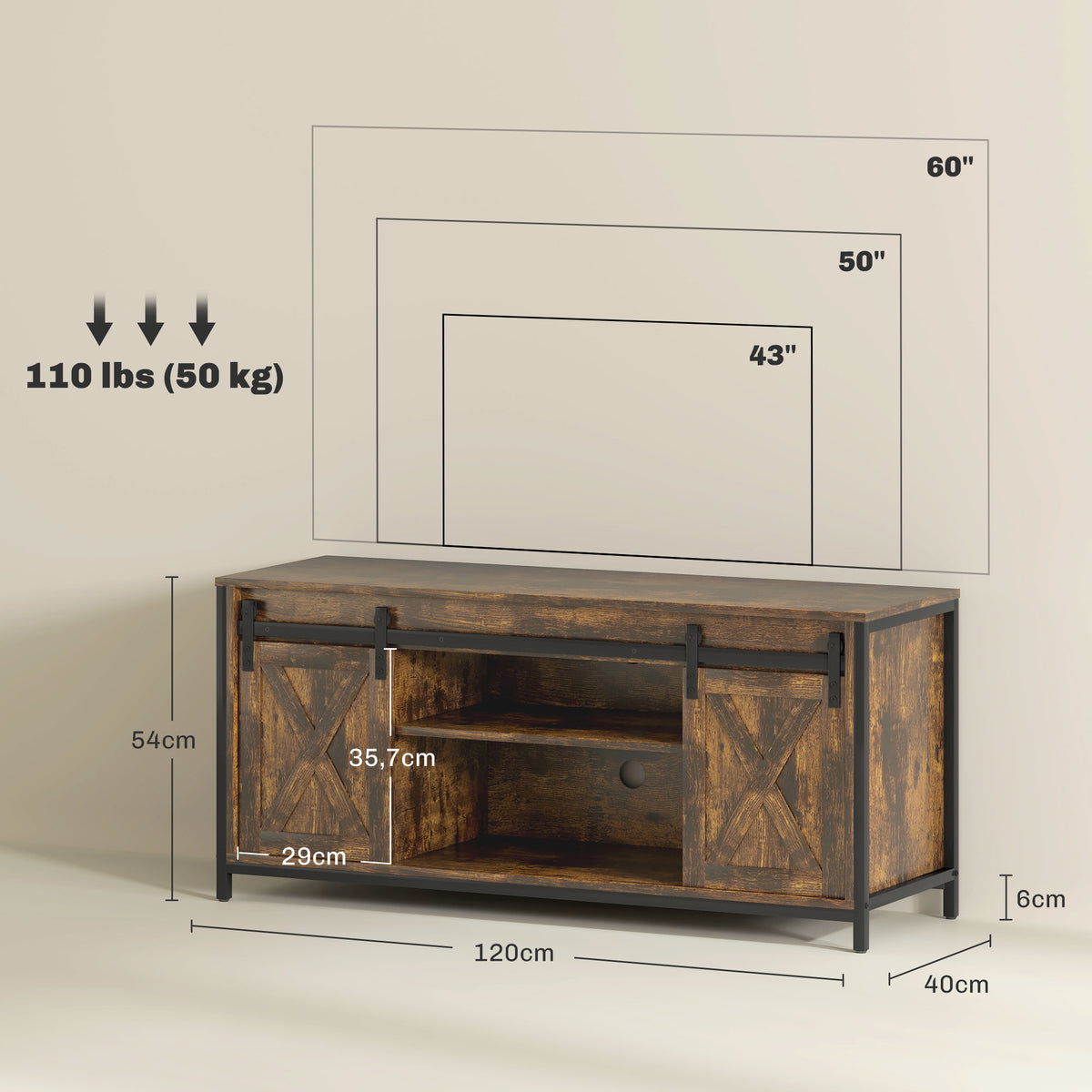 TV Lowboard, Industrial Design, f¨¹r 60'' TVs, 6 F?cher, 2 Schiebet¨¹ren, Braun/Schwarz