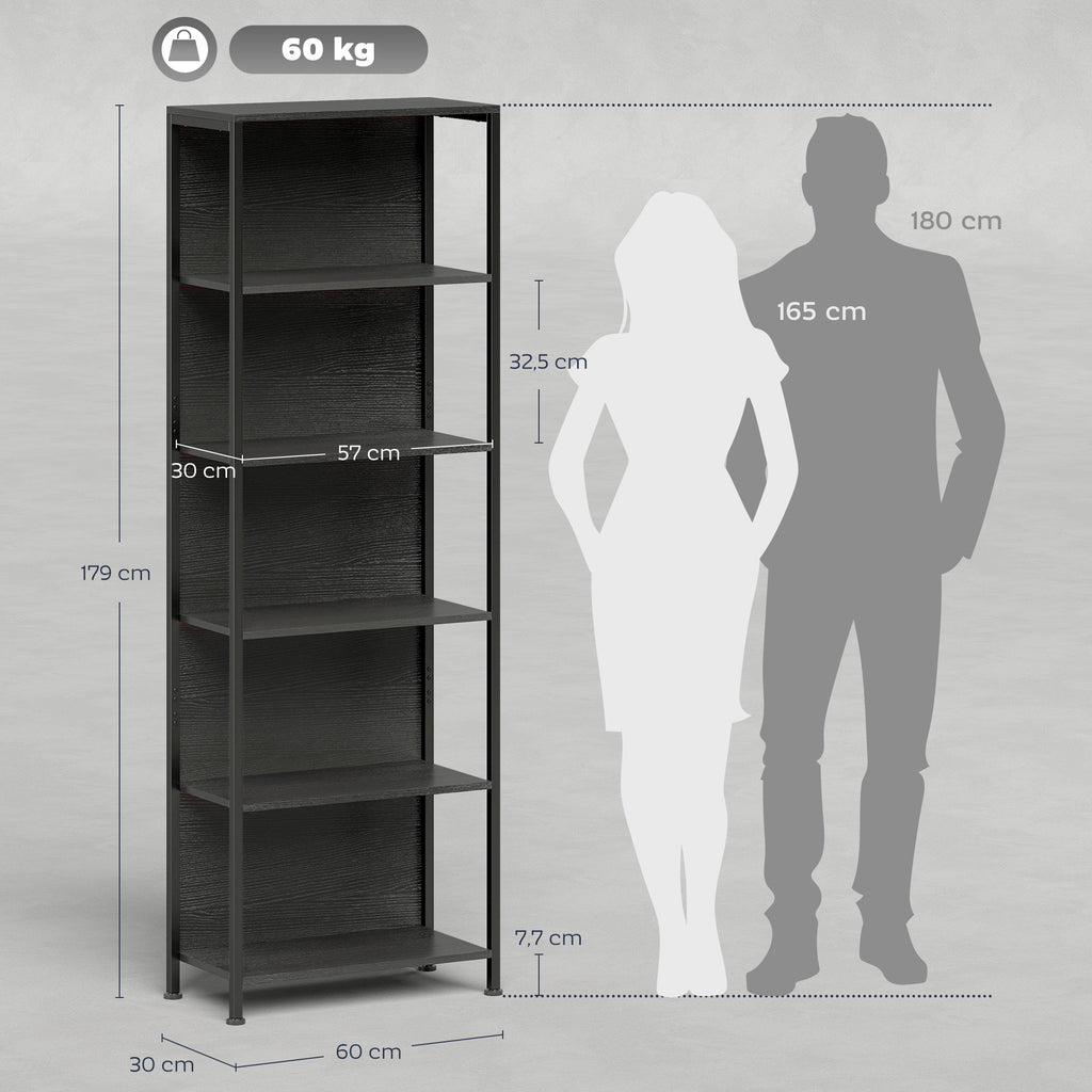 Bücherregal mit 5 Ebenen Standregal mit LED-Beleuchtung, 7 Lichtfarben, für Wohnzimmer, 60 x 30 x 179 cm Schwarz
