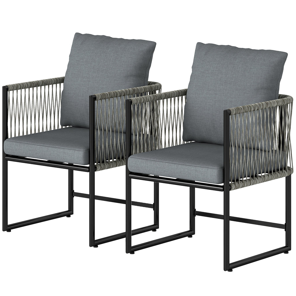 Gartenstuhl 2er Set wetterfest Gartenstühle aus Stahl PE-Rattan mit Kissen Armlehne Rückenlehne 52x52x66 cm Dunkelgrau