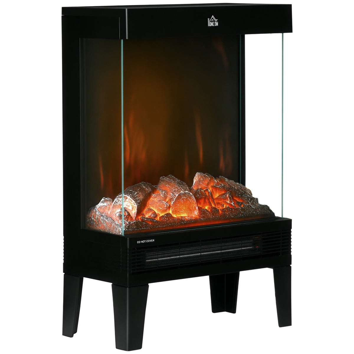 Elektrokamin, 2000 W, Standkamin mit Heizung LED 3D-Flammeneffekt, 4 Helligkeitsstufen, Elektrischer Kamin mit Thermostat, Überhitzungsschutz, Schwarz
