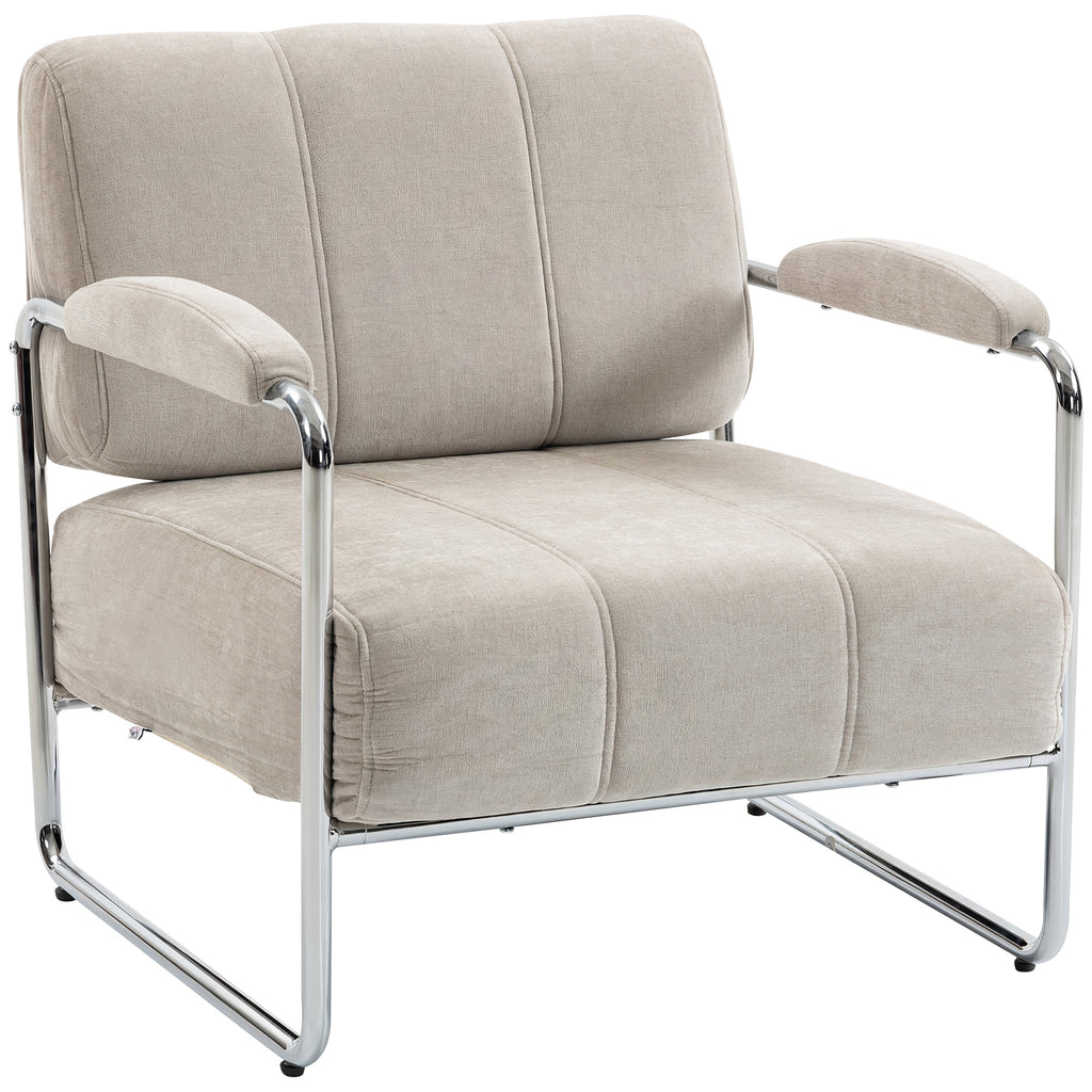 Moderner Sessel, Akzentstuhl mit breitem Sitz und dicker Polsterung, Chenille-Polsterstuhl fürs Wohnzimmer, Beige
