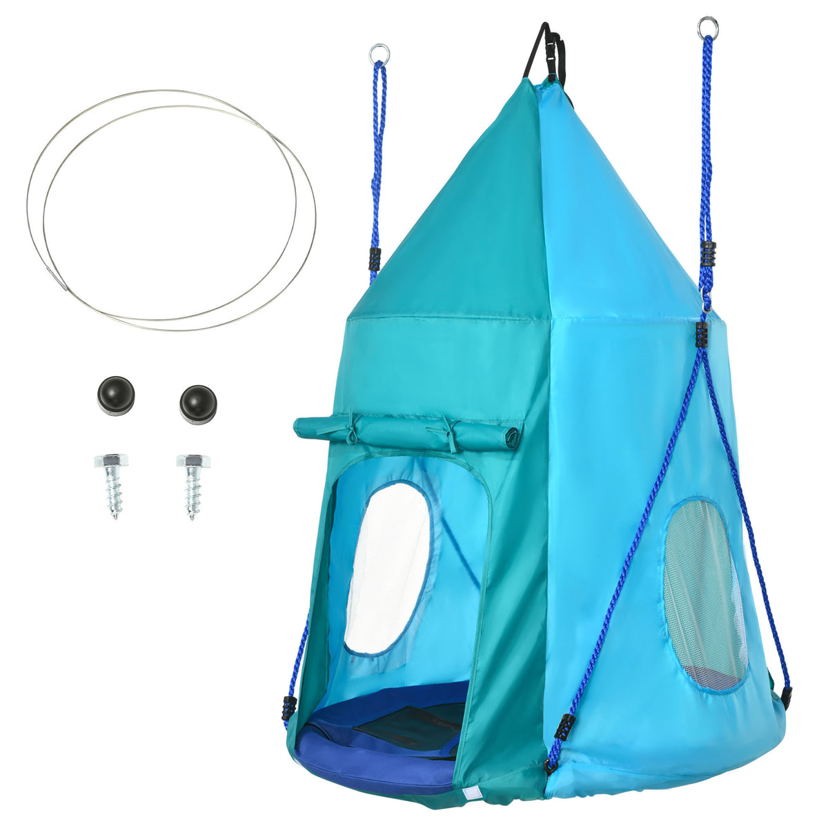 Nestschaukel mit Zelt, Ø100 cm, längenverstellbare Seile, wasserdicht, bis 150 kg belastbar, blaugrün