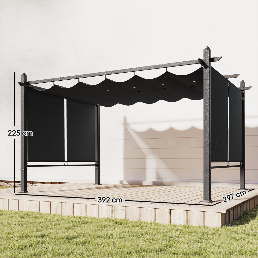 Pergola 3 x 4 m Terrassenüberdachung mit Schiebedach, automatisch einziehbaren Rollos, UV50+ Aluminiumrahmen