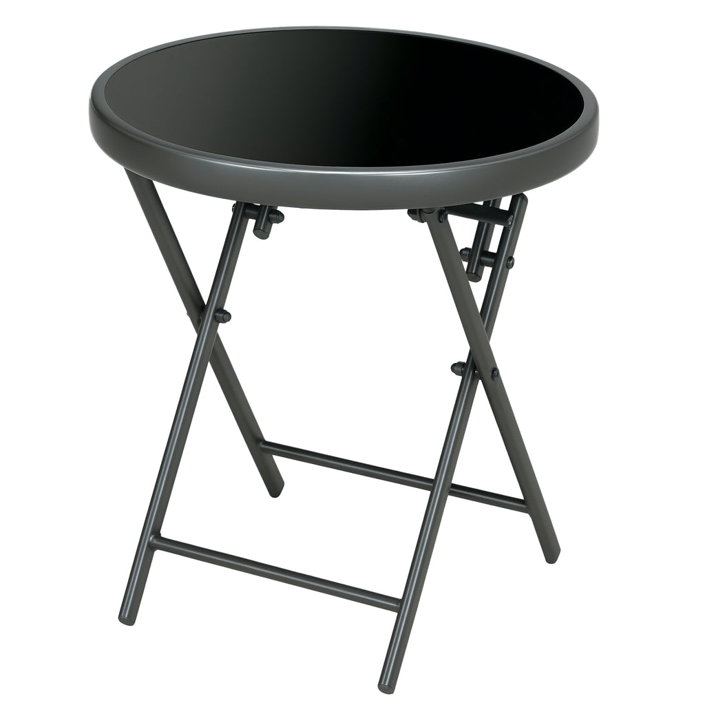 Φ45cm Garden Side Table, Outdoor Round Folding Patio Table with Imitation Marble Glass Top, Small Coffee Table, Black