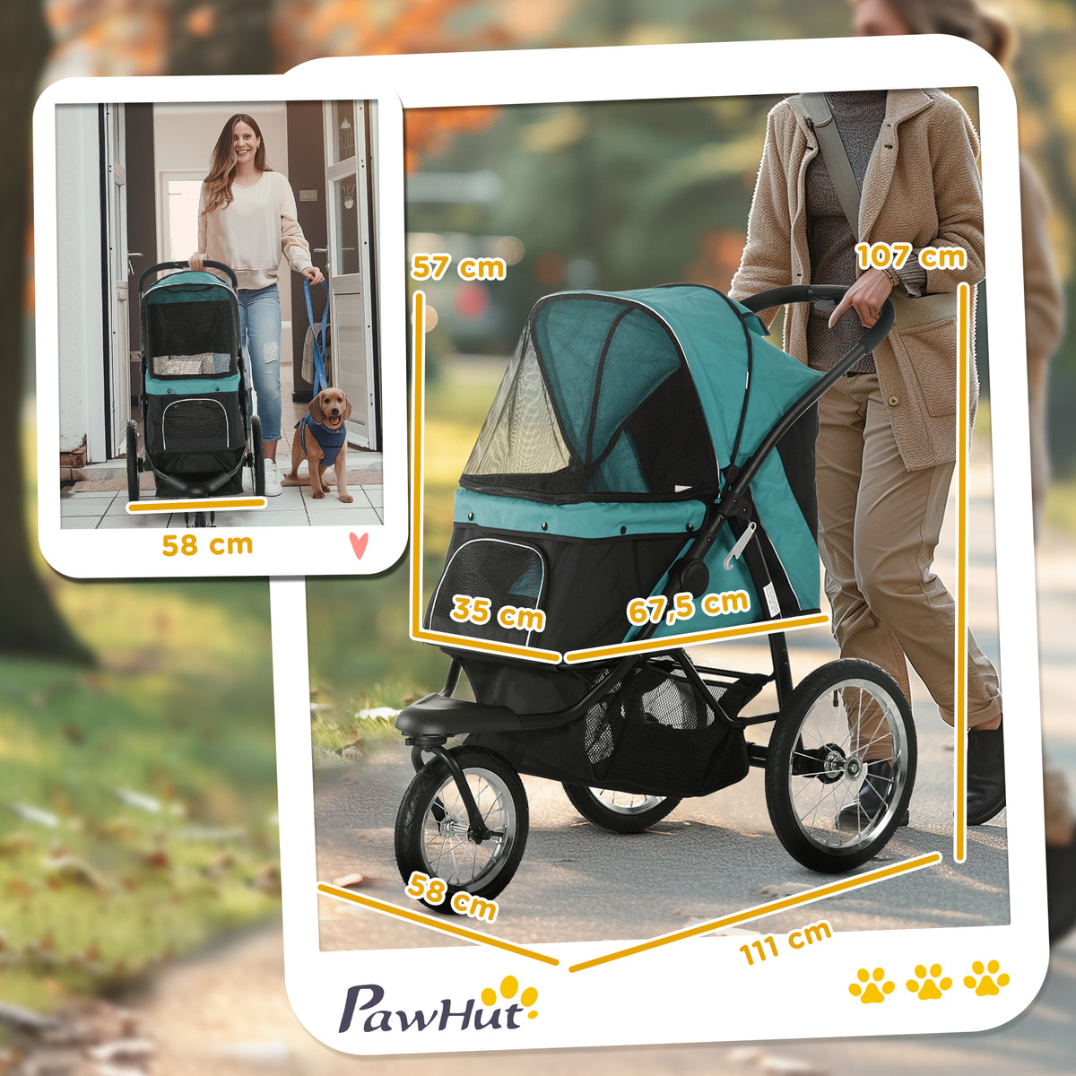 Foldable Pet Stroller Jogger, with Three Wheels, Canopy, for Medium and Small Dogs, Green