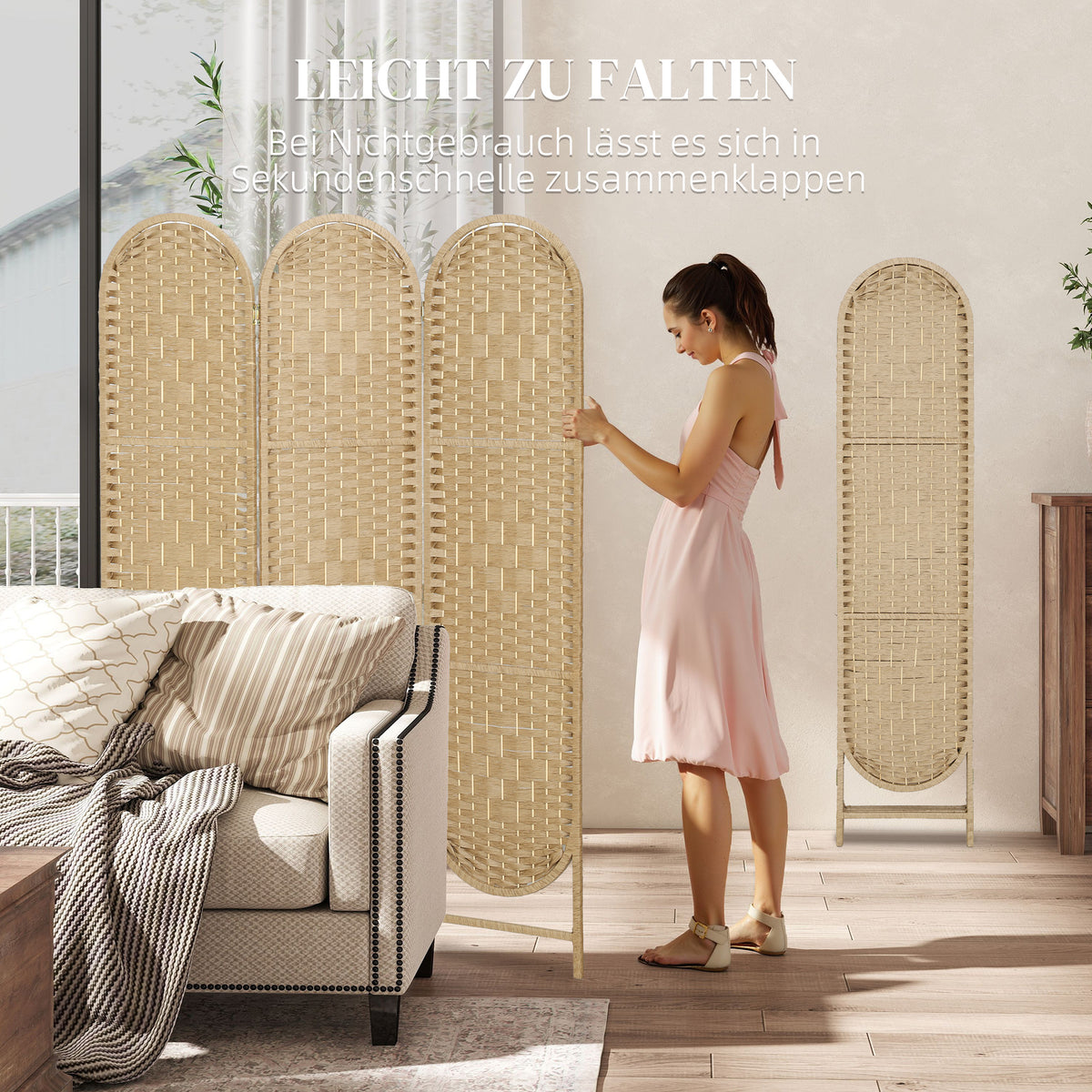 Freestanding Privacy Screen, 3 Panel Folding Room Divider for Living Room, Bedroom and Office, Natural Wood Finish