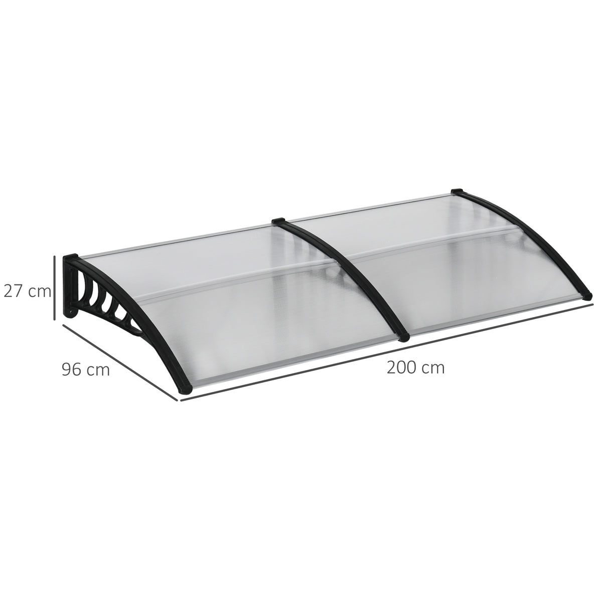 Türüberdachung, Schutz vor Regen, Wind und Hagel, Polycarbonat, Aluminium-Verbindungstangen, 200 x 96 x 27 cm, Schwarz