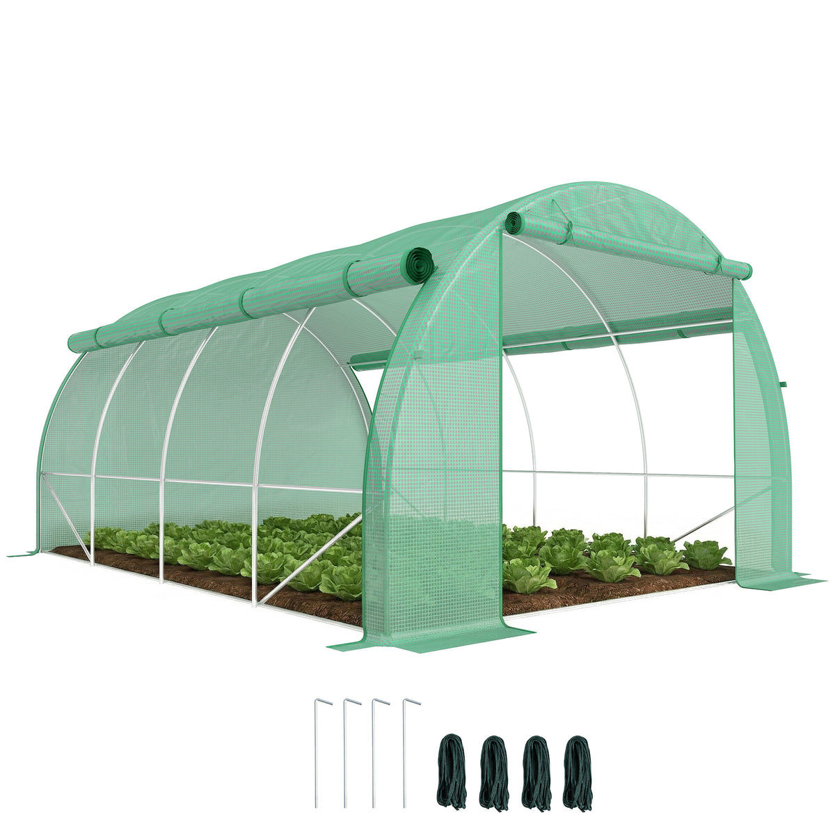Polytunnel Greenhouse Walk-in Grow House Tent with Roll-up Sidewalls, Zipped Door and 8 Windows, 4x3x2m Green