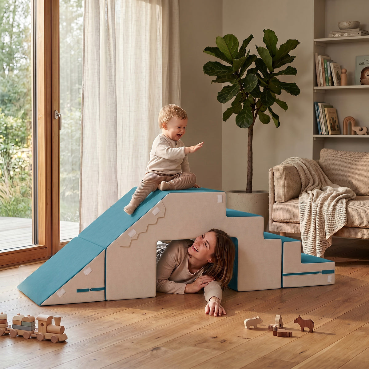 Spielsofa Samt 2-Teiliges Kindersofa aus Schaumstoff Waschbar Modulares Kindercouch für Kinder 0,5 bis 3 Jahre