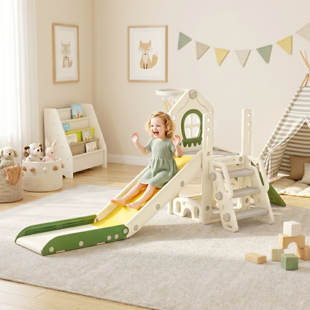 Foldable 5 in 1 Toddler Slide with Ladder, Climbing Wall, Basketball Hoop, Storage and Basketball for 1-3 Years, Cream