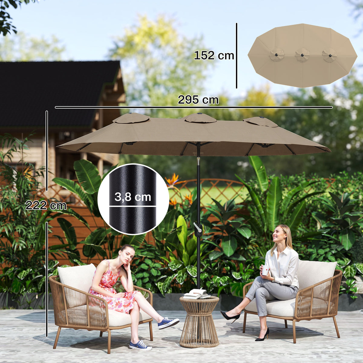 Sonnenschirm, Gartenschirm, neigbar, mit Handkurbel, Winddach, Polyester+Stahl, khaki,295 x 152 cm