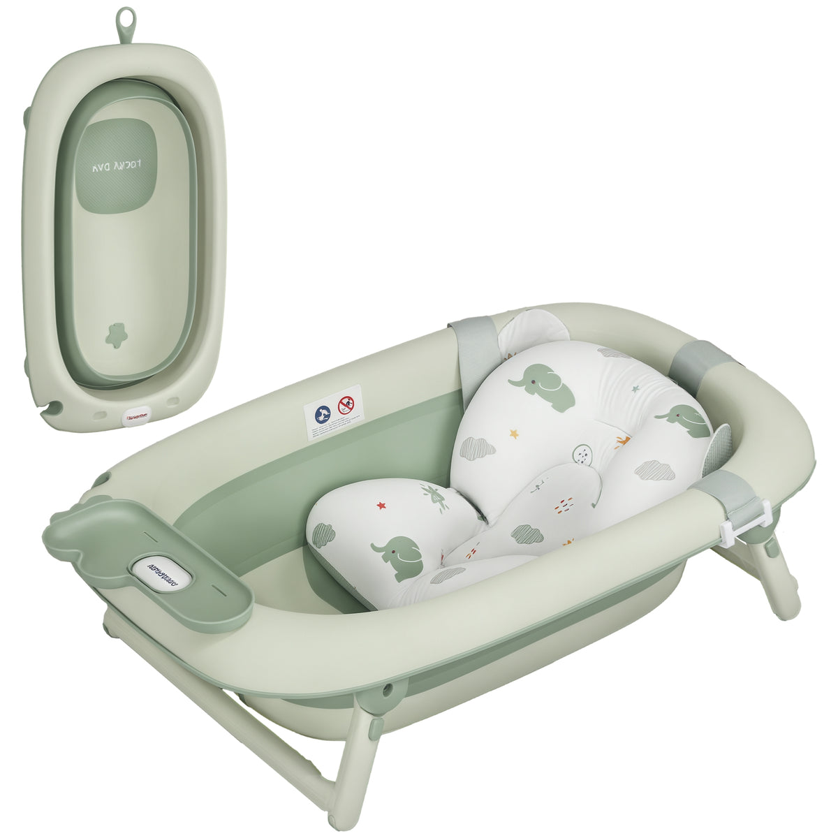 Babybadewanne, faltbar, rutschfester Boden, Elefanten-Badekissen, 86 x 53 x 25,5 cm, Grün