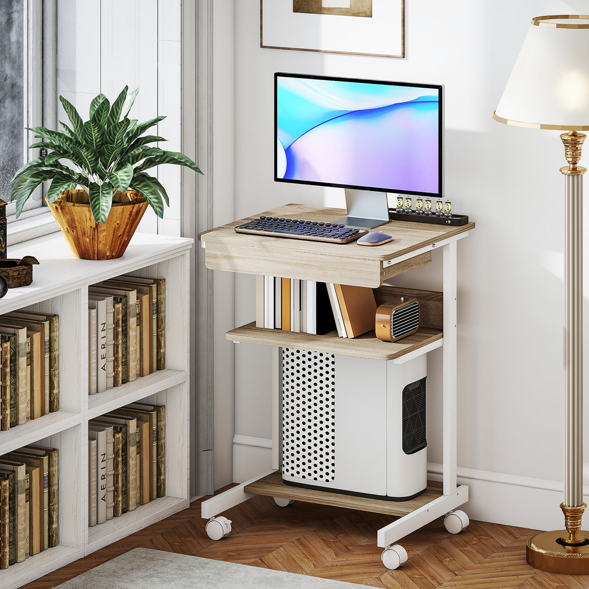 Rolling Desk with Drawer and Shelves, 4 Wheels, Compact, Particle Board, Metal
