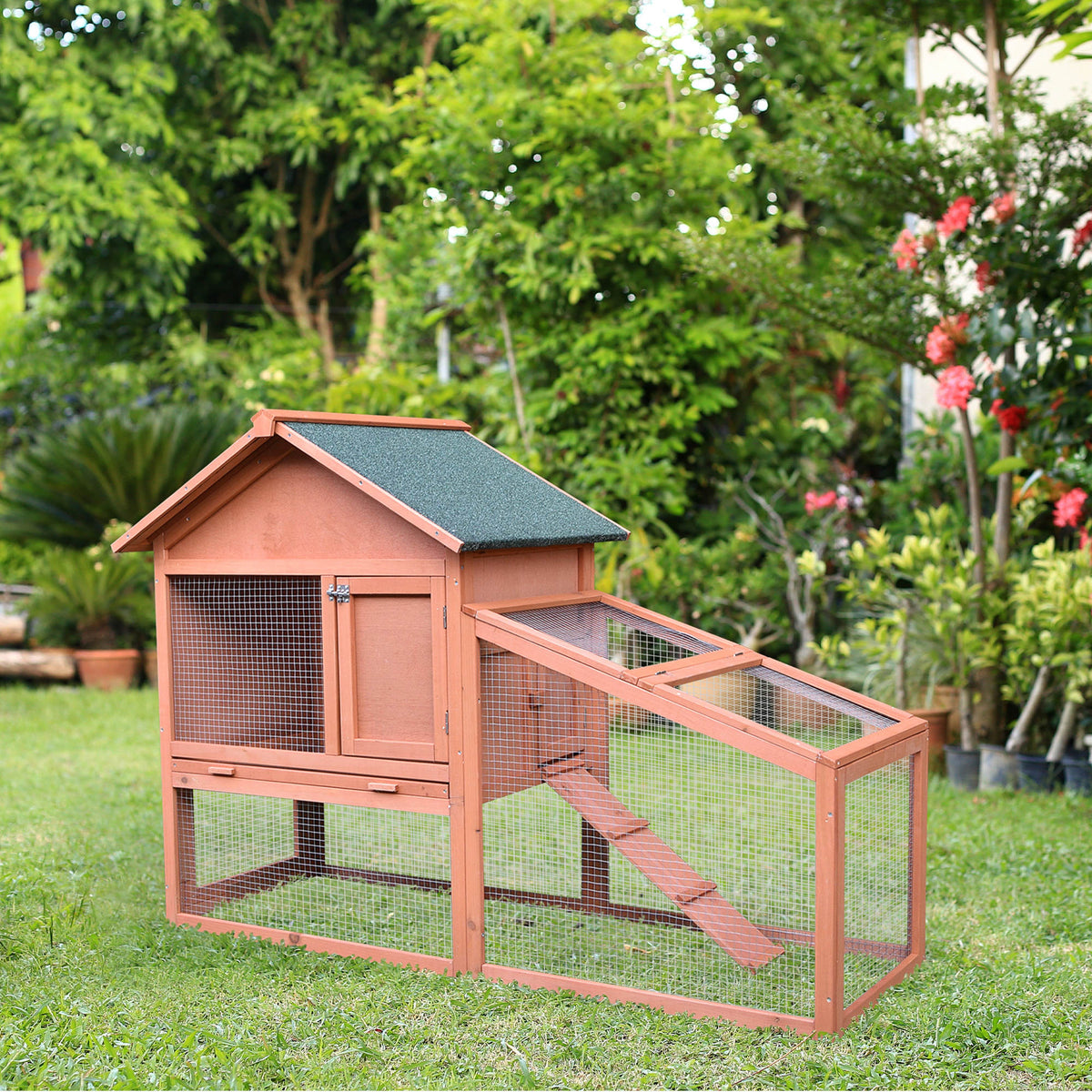 2 Tier Rabbit Hutch Outdoor, Guinea Pig Hutch, Solid Wood Bunny House, Water Resistant Asphalt Roof Ramp Sliding tray 144 x 64.5 x 100 cm