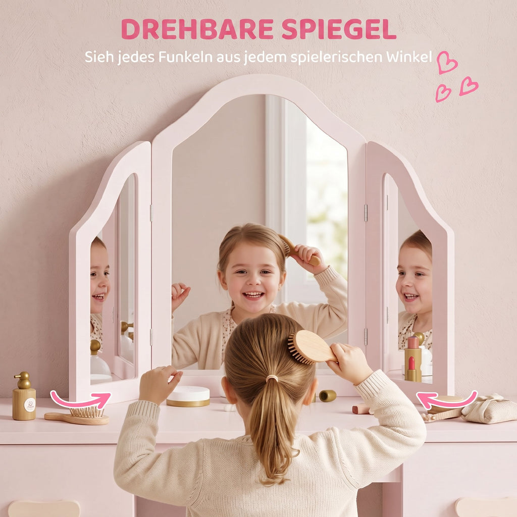Kids Dressing Table, Kids Vanity Table and Chair Set with Tri-Folding Mirror, 2 Drawers, 2 Cabinets for Girls 3+, Pink