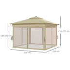 3.36 x 3.36m Pop Up Gazebo Party Tent with Solar-Powered LED Lights, Adjustable Event Shelter with Netting, Khaki
