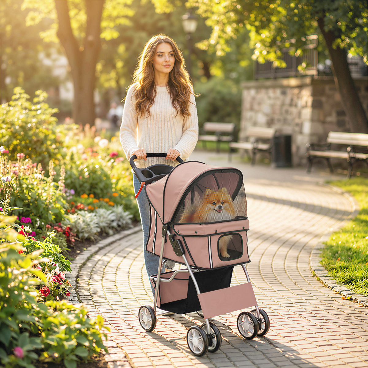 Dog Pram, Pet Stroller with Reflective Strips, Foldable Cat Stroller with 360° Swivel Wheels, Brown