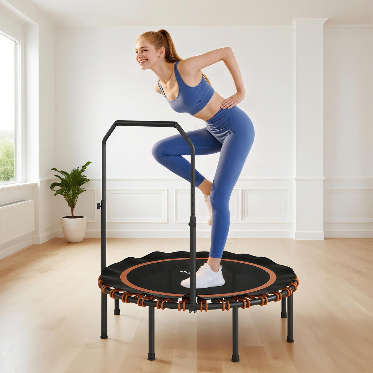 Fitness-Trampolin mit verstellbarem Handlauf, Sport-Trampolin f¨¹r drinnen und drau?en, Stahl, Kunststoff, Orange