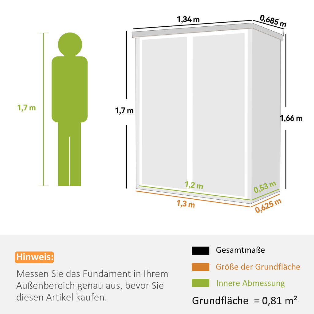 Gerätehaus 0,8m², Geräteschuppen mit klappbar Regale, 134 x 68,5 x 170 cm Kunststoff mit Abschließbar Doppeltür Boden