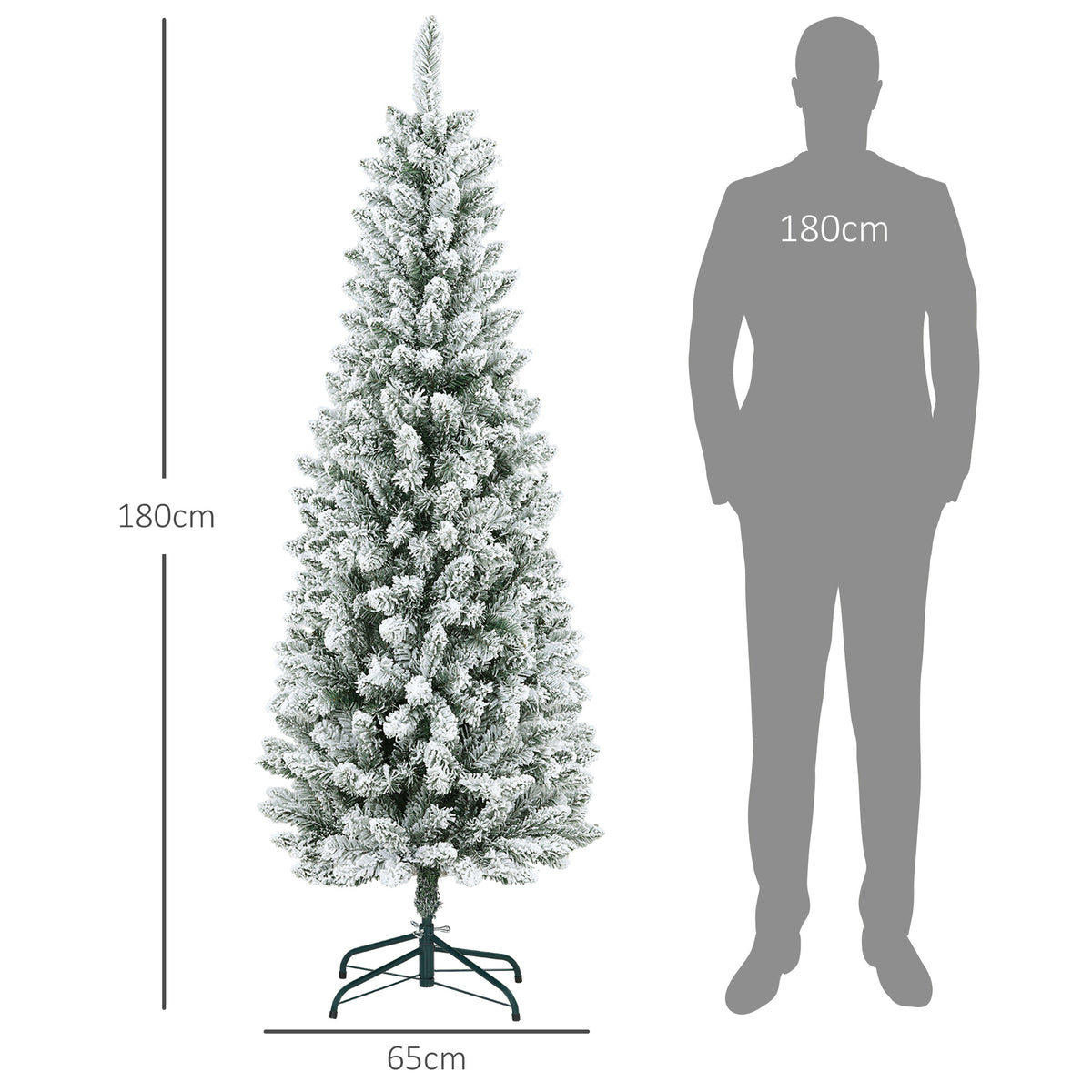 Künstlicher Weihnachtsbaum, schlanke Form, Kunstschnee, dreiteilig, flammhemmend, Metallfuß, 183 cm, Grün