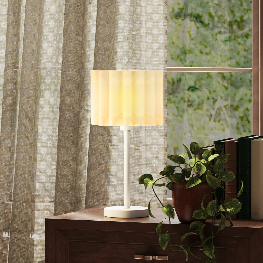 Tischlampe im Retro-Stil, Nachttischlampe, Kunststoff-Schirm, Knopfschalter, Weiß