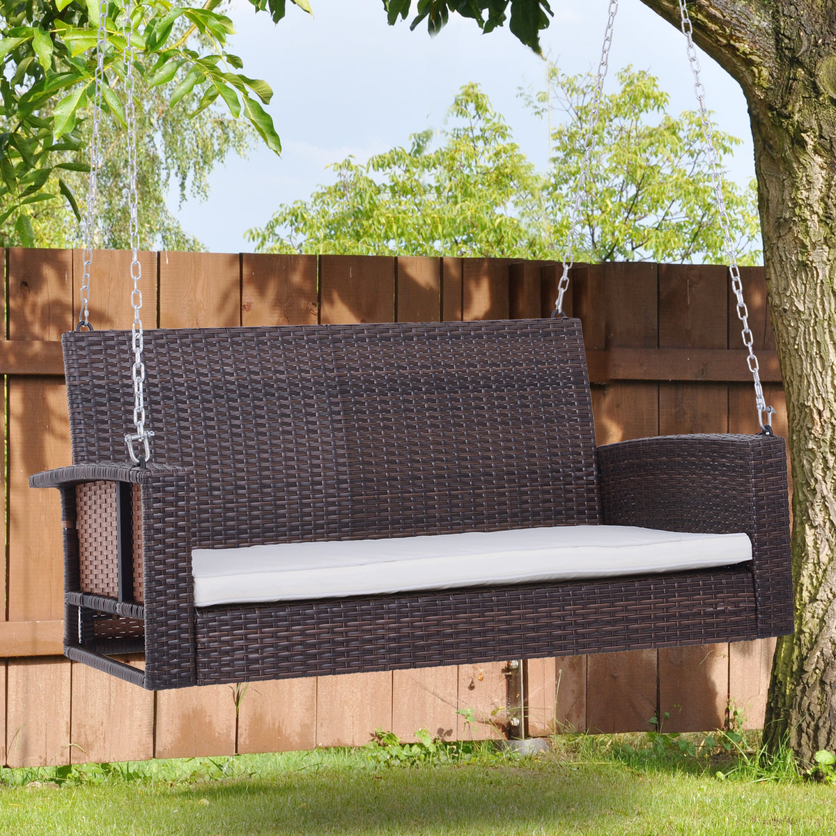 Hängebank 2-Sitzer Rattan Gartenschaukel mit Sitzkissen Hängeschaukel Hollywoodschaukel Schaukelbank Gartenbank Braun 127 x 65 x 60 cm