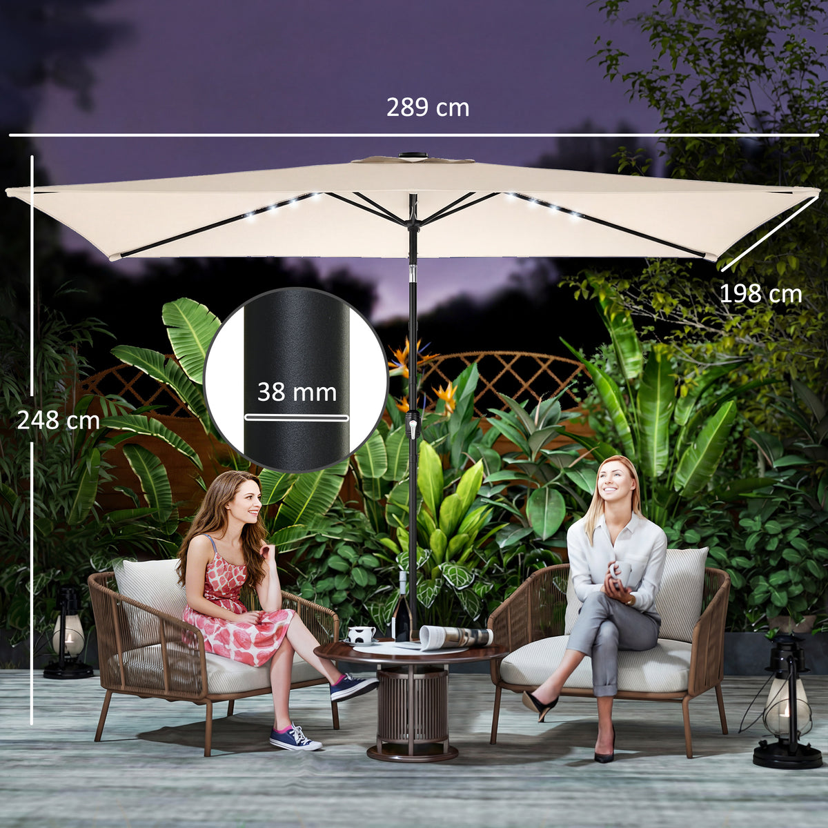 Sonnenschirm LED Solar ca. 300 x 200 cm knickbar Balkonschirm mit Kurbel Schutzhülle, UV Schutz, Drehbar Cremeweiß