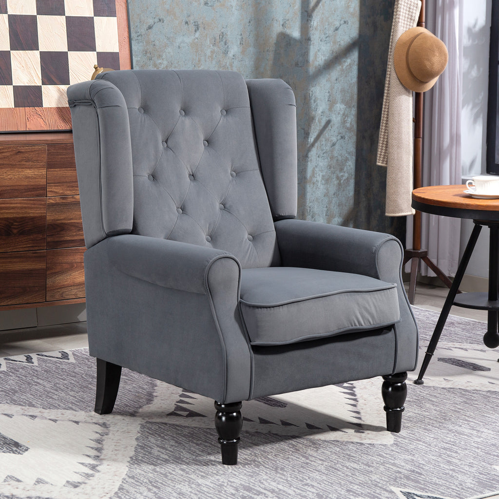 Ohrensessel Relaxsessel Sessel, Vintage-Design, Knopfheftung, gedrechselte Beine, 74 cm x 86 cm x 102 cm, Grau