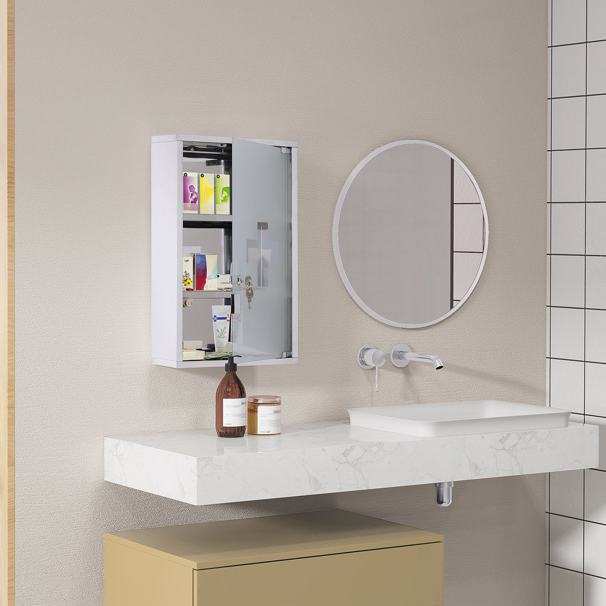 3 Tier Stainless Steel Wall Mounted Medicine Cabinet Glass Lockable Door Storage Shelves Houseware Bathroom Furniture w/2 Keys