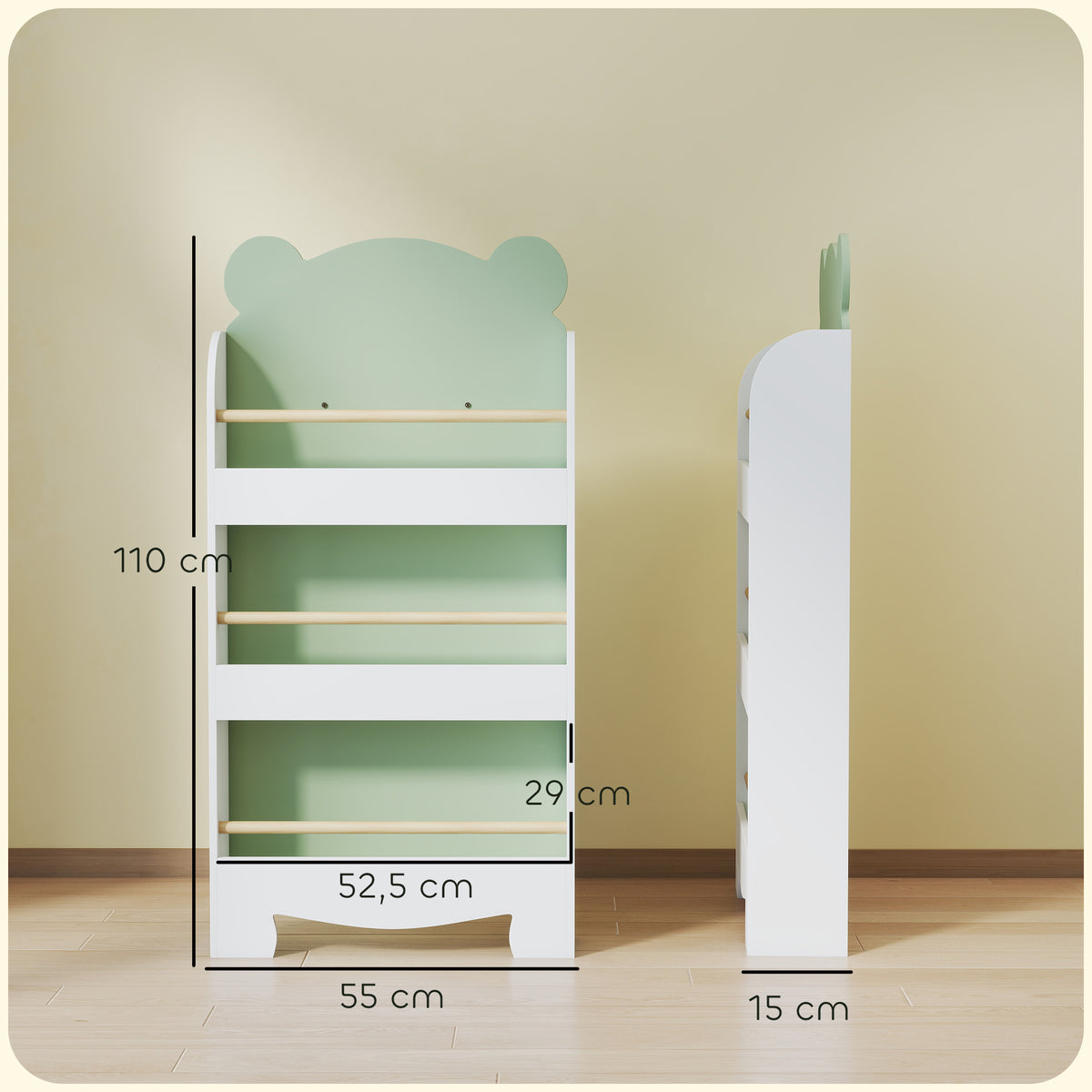 Bücherregal Kinder, 3-stufiges Kinderregal mit Bärenthema für Bücher Spielzeug Kinderzimmer, 55 x 15 x 110 cm, Grün