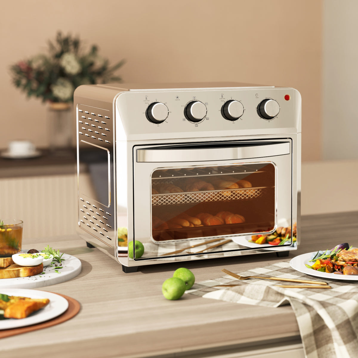 Minibackofen mit Umluft, Heißluftfritteuse, 6 Heizmodi, Timer, Zubehör, 24L, Silber