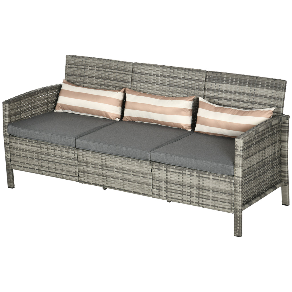  Rattan Sofa mit Kissen, Dreisitzer, Garten Loungesofa, Stahl, Grau, 173 x 68 x 78 cm