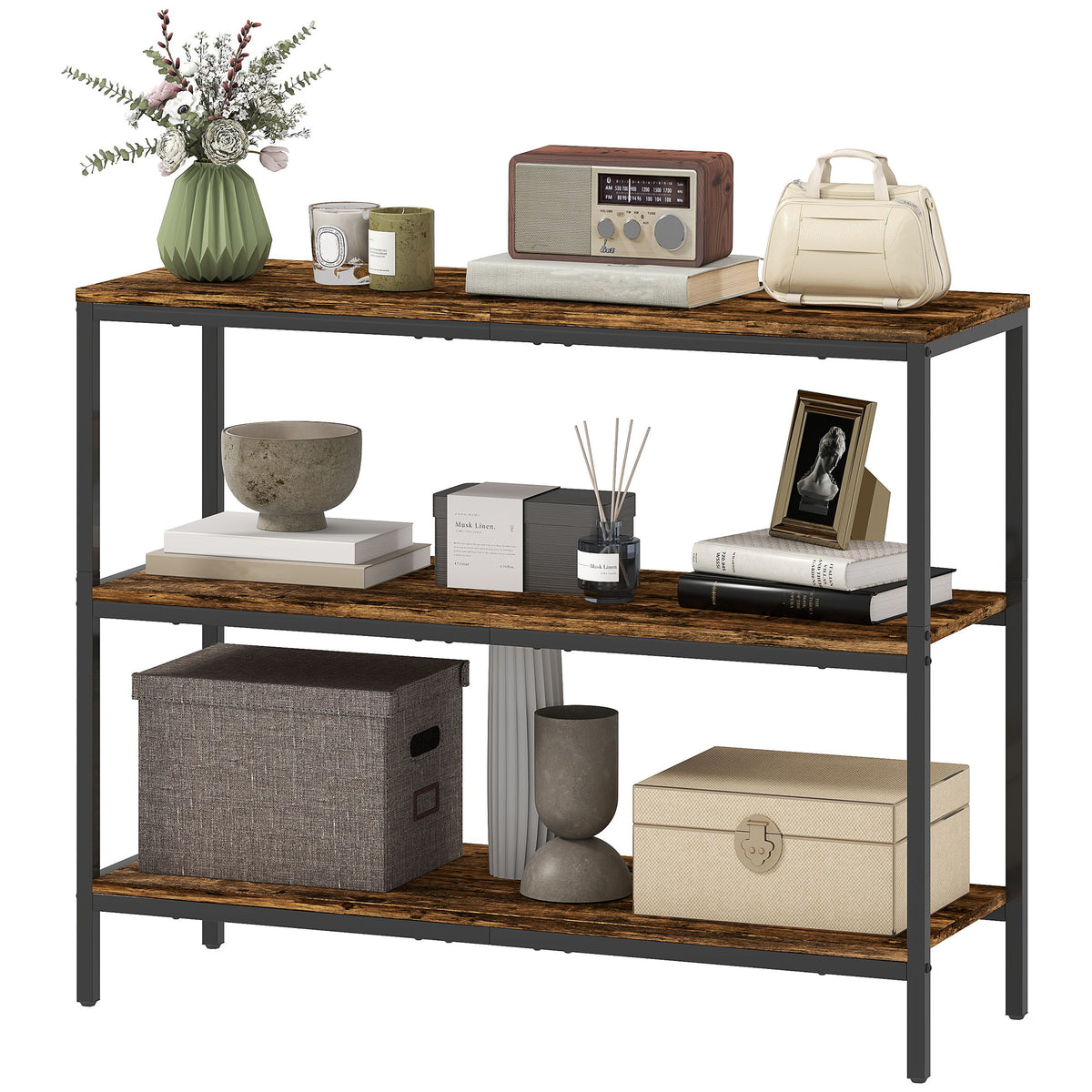 3-Tier Console Table with Storage Shelves - Rustic Brown
