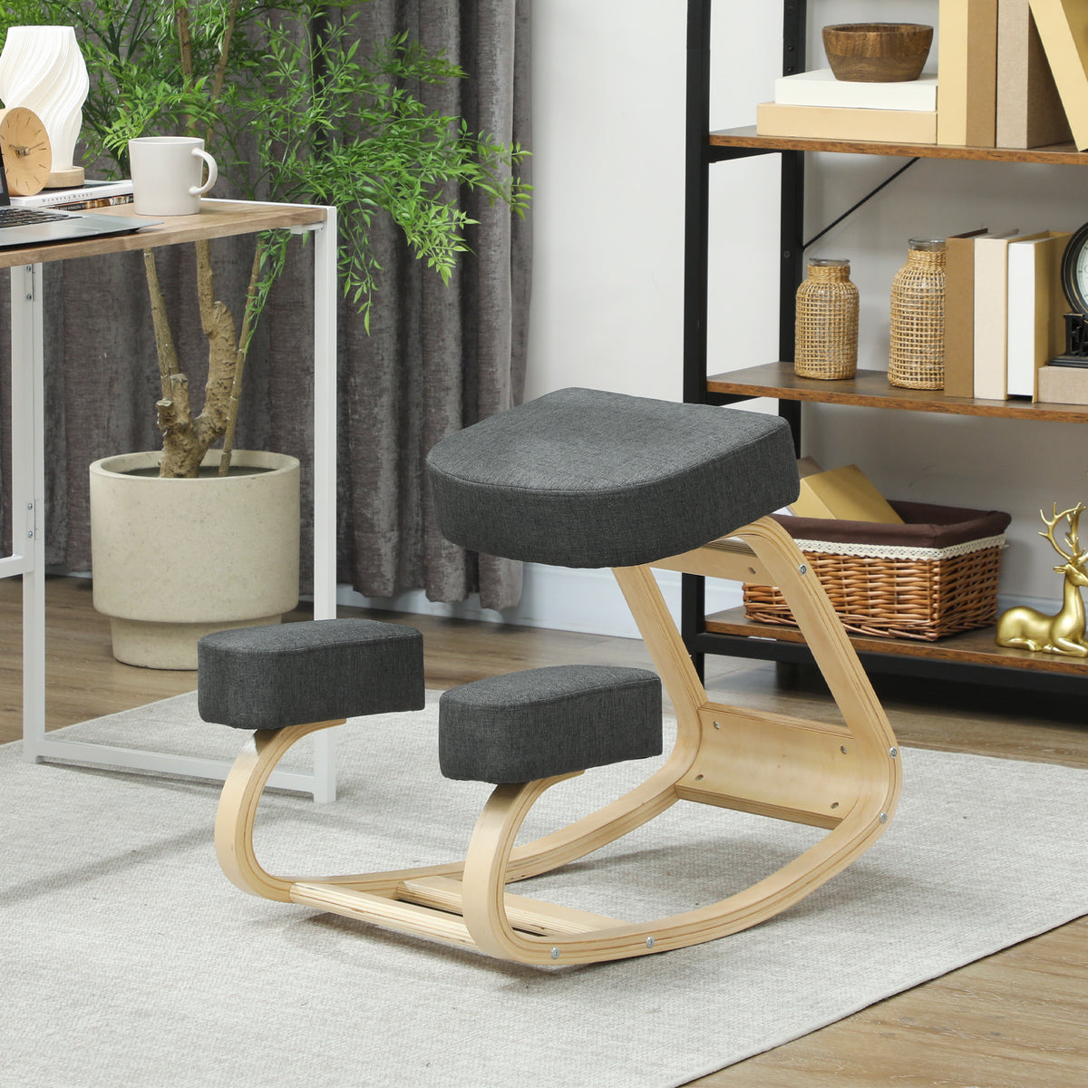Kniestuhl, ergonomischer Sitzhocker, Polsterhocker für gesunde Sitzhaltung, Birkenholz, 120 kg belastbar, Dunkelgrau