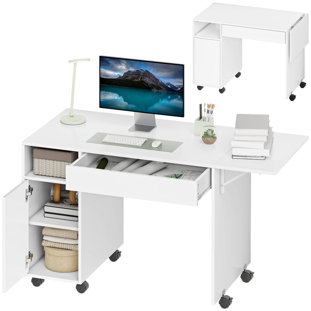 Rollbarer Computertisch, klappbarer Schreibtisch mit Schrank und Schublade, Spanplatte, Wei?