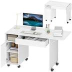 Rollbarer Computertisch, klappbarer Schreibtisch mit Schrank und Schublade, Spanplatte, Wei?