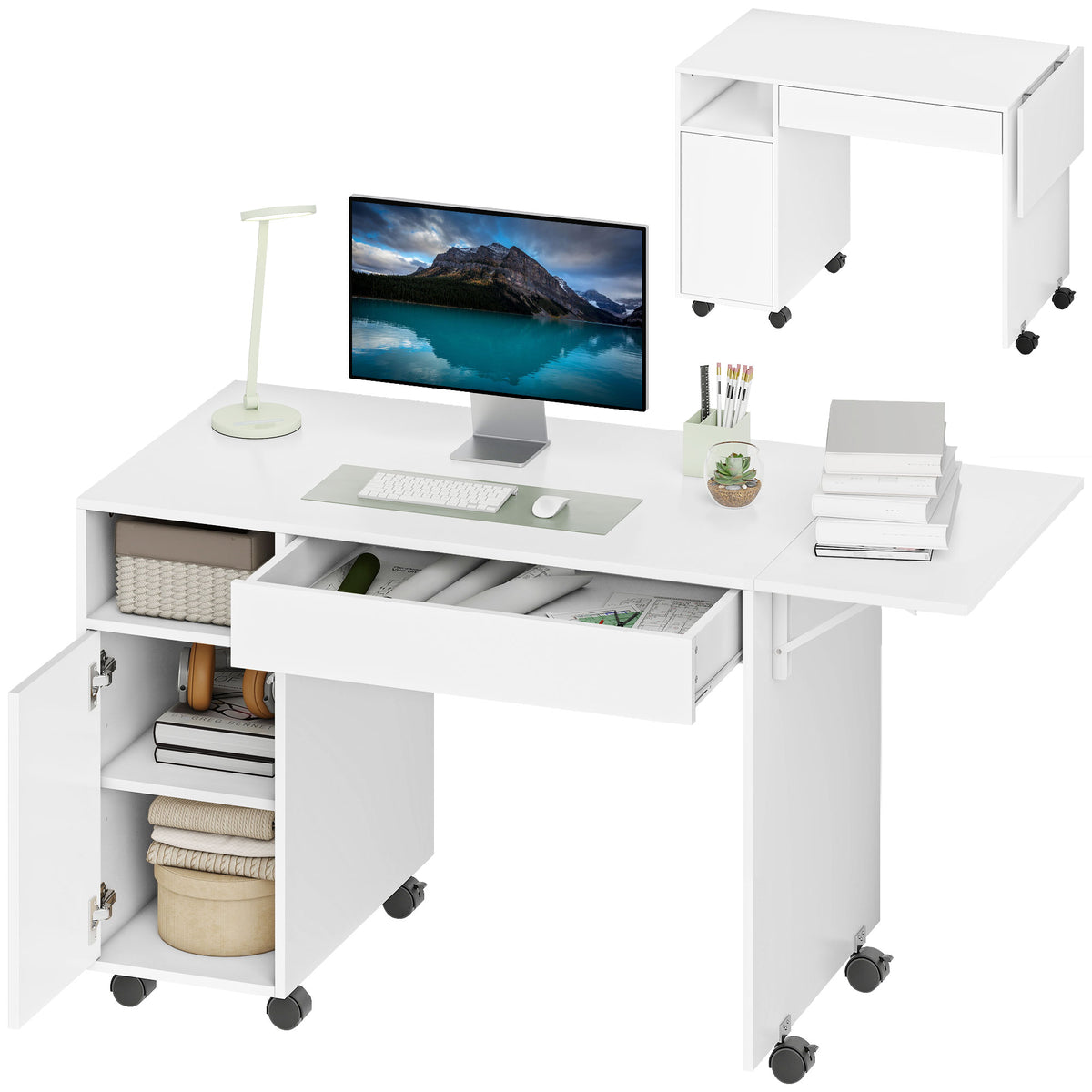 Rollbarer Computertisch, klappbarer Schreibtisch mit Schrank und Schublade, Spanplatte, Wei?