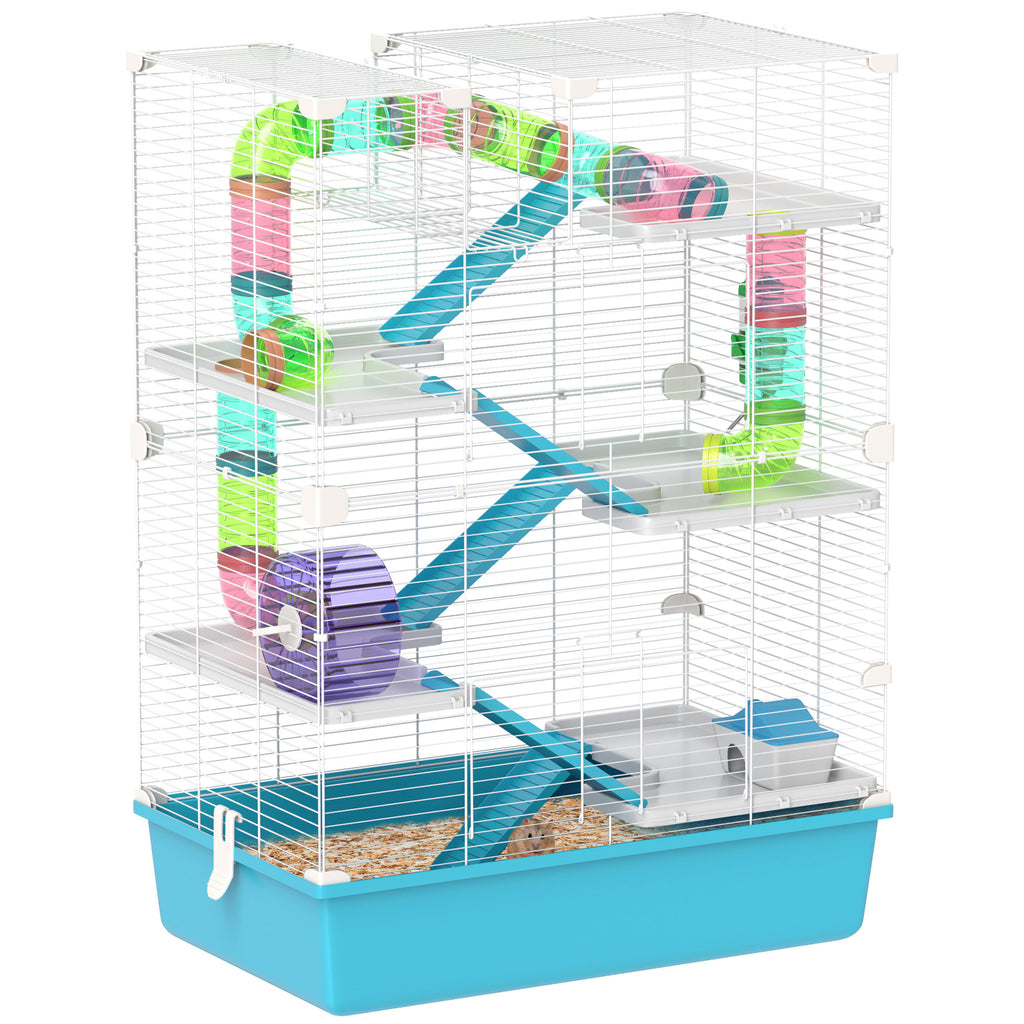 6 Tier Hamster Cage, Small Animal Cage with Tubes, Exercise Wheel, Ramps, Hut, Food Dish, Water Bottle, Light Blue