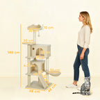 140cm Large Cat Tree Tower with Sisal Scratching Posts, Condos, Plush Perches, Hammock, Ladder, Beige