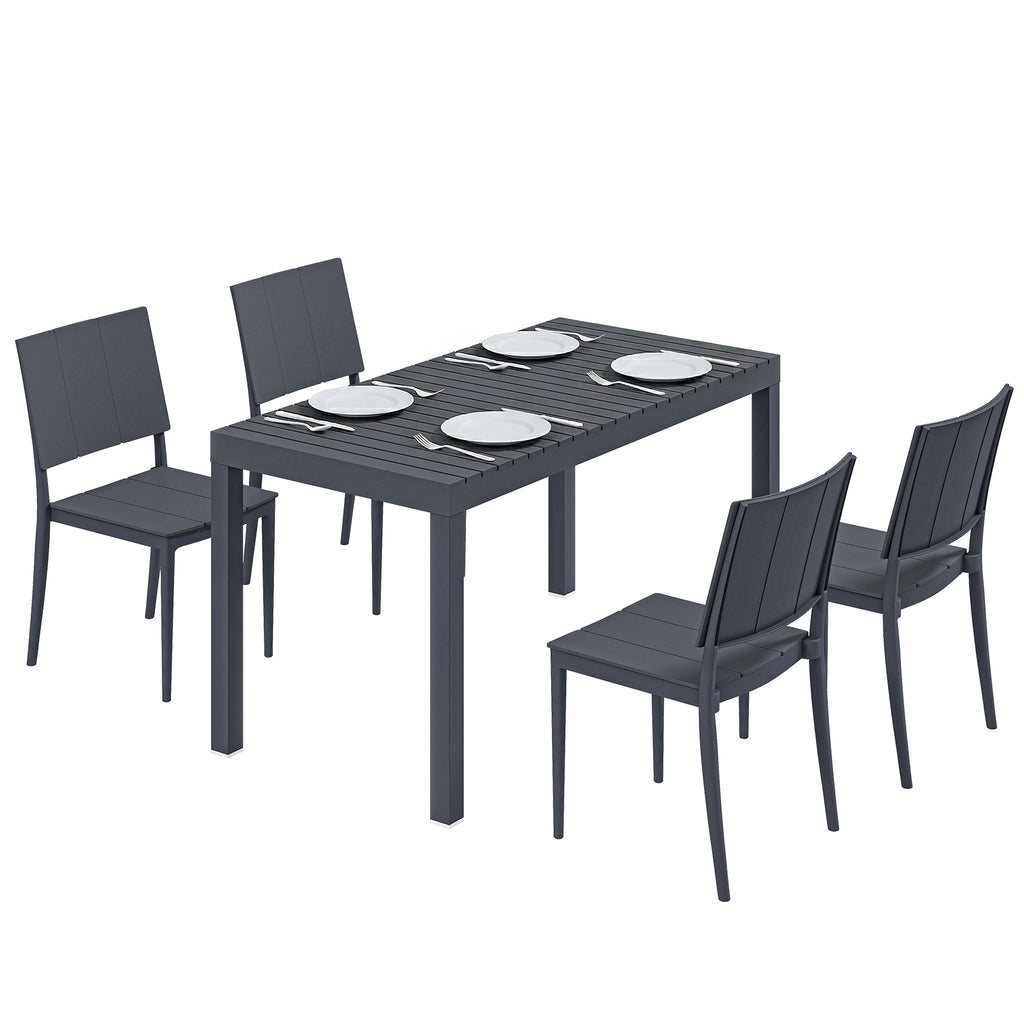 Gartenmöbel Set Sitzgruppe 5-teilig Breiter Tisch mit 4 Stapelstühlen Lamelldesign für 4 Personen Dunkelgrau