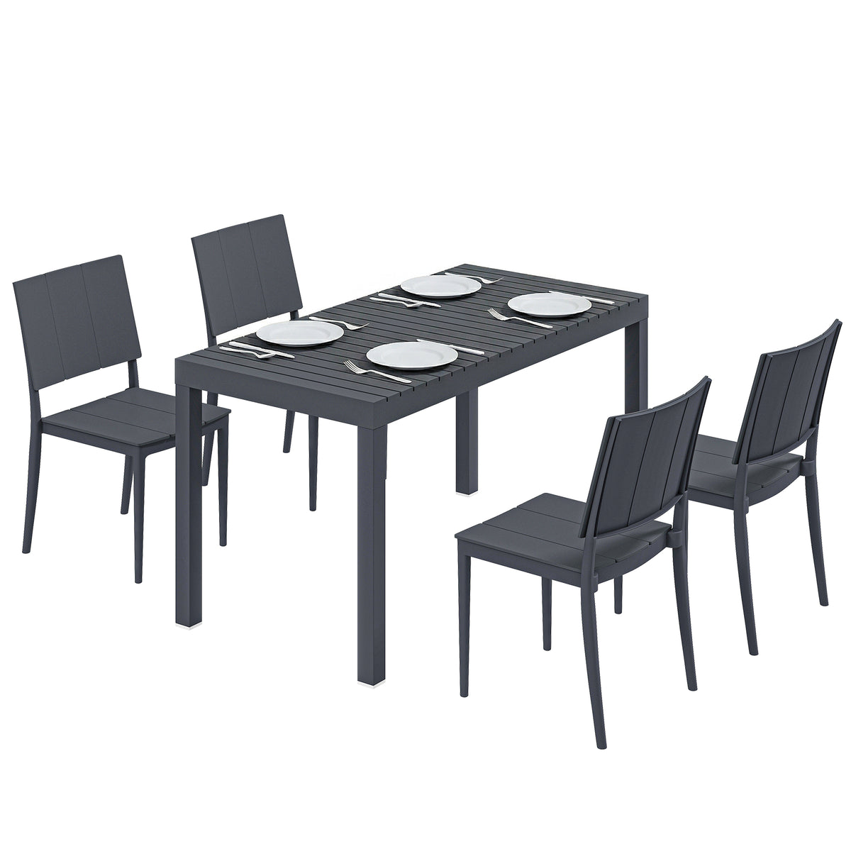 Gartenmöbel Set Sitzgruppe 5-teilig Breiter Tisch mit 4 Stapelstühlen Lamelldesign für 4 Personen Dunkelgrau